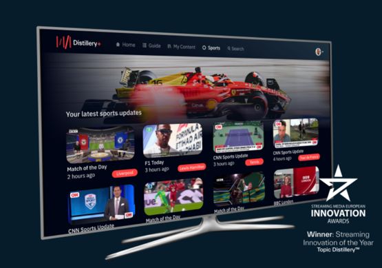 Sports Topics op een televisiescherm met innovatiewinnaar-badge